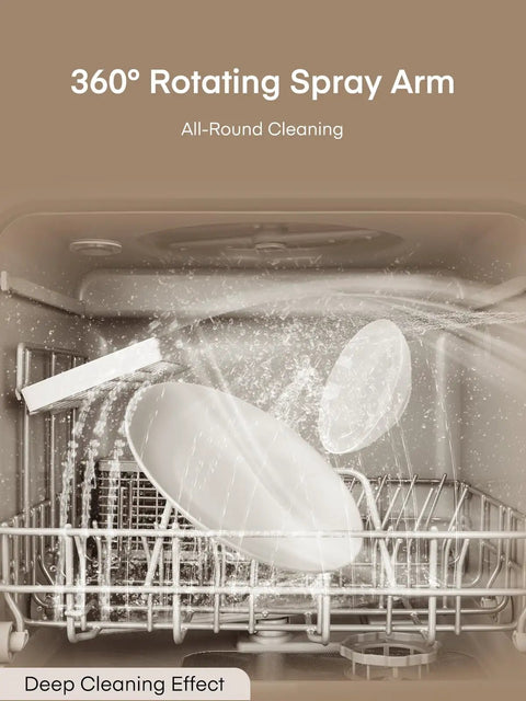 360° rotating spray arm in sleek countertop dishwasher for all-round cleaning. Sneak peek of effective wash cycle.
