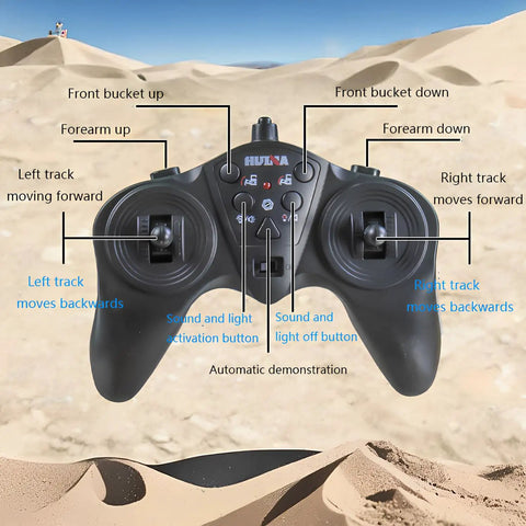 Remote control for Proportional One Sixteenth Scale RC Bulldozer Toy with labeled controls against sand dunes background.