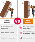 Comparison chart showing plastic vs metal Anti Tip Furniture Anchors 10 Pack For Baby Proofing And Home Safety Wall Straps with child interacting.