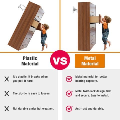 Comparison chart showing plastic vs metal Anti Tip Furniture Anchors 10 Pack For Baby Proofing And Home Safety Wall Straps with child interacting.