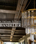 Modern Faux Chandelier Lampshade Featuring A Sleek Gold Frame And Three Tier Faceted Clear Acrylic Beads ready to hang in a porch.