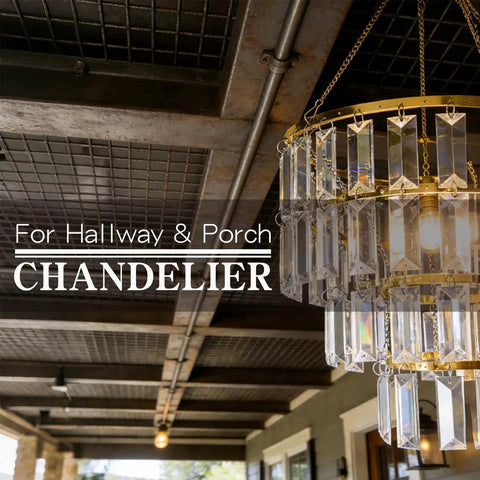 Modern Faux Chandelier Lampshade Featuring A Sleek Gold Frame And Three Tier Faceted Clear Acrylic Beads ready to hang in a porch.