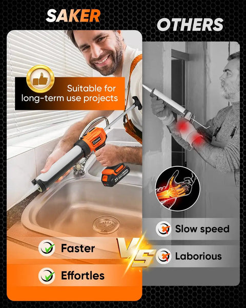 Comparison of Cordless Caulking Gun Drip Free With LED Light, 4 Speed Settings in use versus a manual caulking tool by a sink