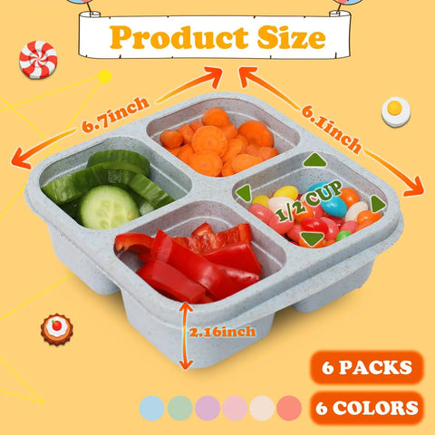 Image of Six Pack Snack Containers With Four Compartment Divided Design, showcasing vegetables and candy, in multicolor.