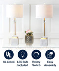 30 Inch White Marble And Brass Gold LED Table Lamp Set Of 2 Modern Glam Crystal Pedestal Lamps For Living Room Or Bedroom White Linen Shade Energy Efficient LED Bulbs Included