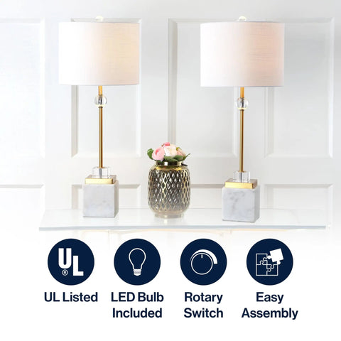 30 Inch White Marble And Brass Gold LED Table Lamp Set Of 2 Modern Glam Crystal Pedestal Lamps For Living Room Or Bedroom White Linen Shade Energy Efficient LED Bulbs Included