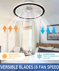 18 Inch Ceiling Fan With Light Kit Dope LED Lighting, reversible blades showing winter and summer airflow modes in bedroom