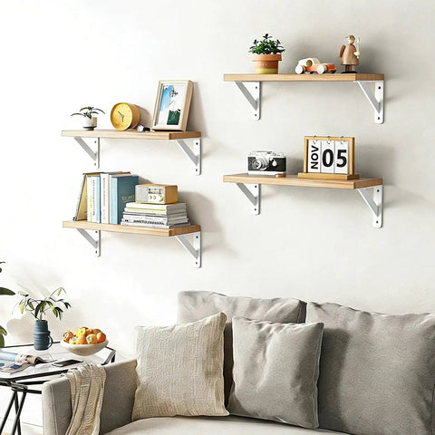 Heavy Duty White Shelf Brackets 10 Inch L Shaped Shelf Support Set with wooden shelves in living room display