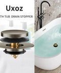 Universal Bathtub Drain Stopper Fits 1.5 To 1.72 Regular Drains adjustable rubber plug with solid brass and nickel finish.