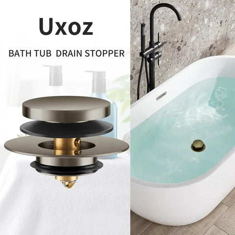 Universal Bathtub Drain Stopper Fits 1.5 To 1.72 Regular Drains adjustable rubber plug with solid brass and nickel finish.