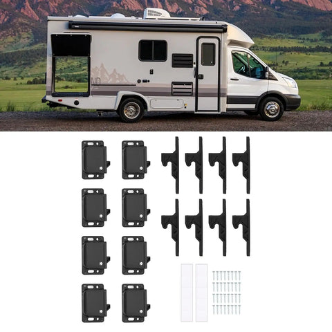 Universal RV Push To Close Cabinet Latches With 5 lb Pull Force displayed with motorhome in background