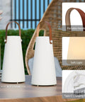 Two Pack Rechargeable Outdoor Lanterns with IP44 waterproof cordless portable hanging and table lamps on a patio table