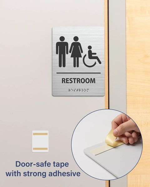 Modern Restroom Sign For Business That Keeps It ADA Compliant With Braille Grade 2 Raised Icons Easy Install Brushed Aluminum Door Sign 6 Inch Wide By 8 Inch High Contemporary Look For Any Space