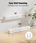 10 Foot Flat Extension Cord And Surge Protector Power Strip With Six Wall Outlets Dual Usb A Plus Single Usb C Charger Wide Plug Clearance And Hella Reliable Power Distribution, showing compact design, 12" length and 1.6" height.