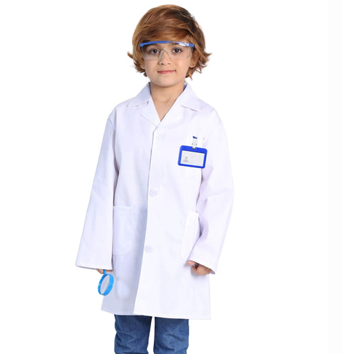 Child wearing Kids Doctor Scientist Lab Costume Set For Role Play Four Piece Dress Up Kit With Thick White Coat Goggles ID Card Holder