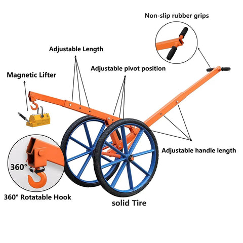 Heavy Duty Steel Manhole Cover Lifter Cart With Magnetic Skid Rollers And 27 Inch All Terrain Wheels features adjustable length and magnetic lifter.