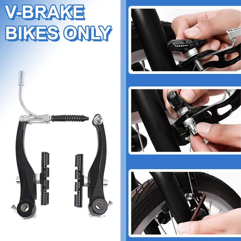 70mm Universal V Brake Pads Set For Mountain And Road Bikes, installation steps on bike frame, close-up of pads and wrench