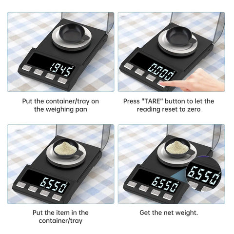 Rechargeable Precision Milligram Scale 0.001g Accuracy, 100g Capacity, demonstrating tare function and weight measurement steps.
