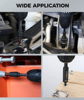 Seven Piece Clutch Impact Socket Adapters And Magnetic Bit Holder Set With Quarter Inch Hex Shank Adapts To Half Third Eighth Drives For Power Drill in use on automotive and wood projects.