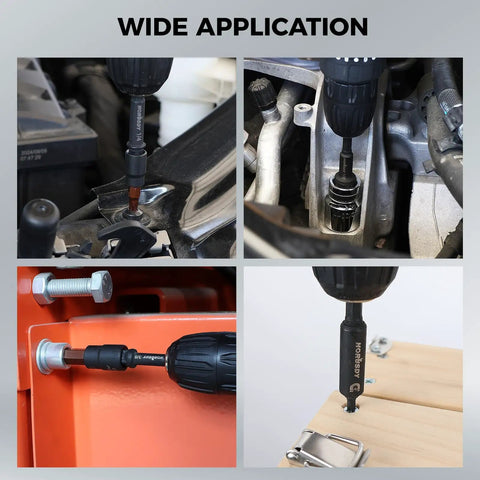 Seven Piece Clutch Impact Socket Adapters And Magnetic Bit Holder Set With Quarter Inch Hex Shank Adapts To Half Third Eighth Drives For Power Drill in use on automotive and wood projects.