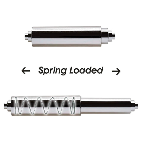 Spring Loaded Toilet Paper Roll Holder Replacement In Chrome Finish Durable Plastic Construction Fits Most Standard Spring Loaded Dispensers Easy Tool Free Installation With 3 Step Ends - top and side view