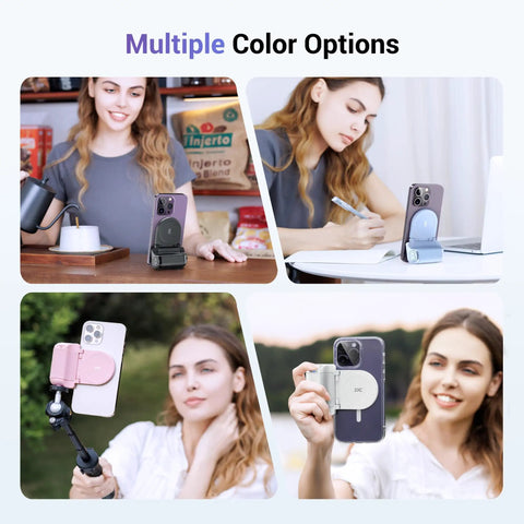 Magnetic Phone Grip Camera Handle with Wireless Shutter Remote used in various settings for video and photo shooting, MagSafe compatible