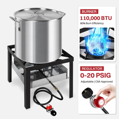 60 Quart Crawfish Boiler Outdoor Seafood Boil Kit With Dustproof Cover And 12 Inch Skimmer Included 110000 BTU Propane Jet Burner CSA Regulator 0 To 20 PSI Backyard Crab Boil Pot For Easy Backyard Cookout with burner and regulator