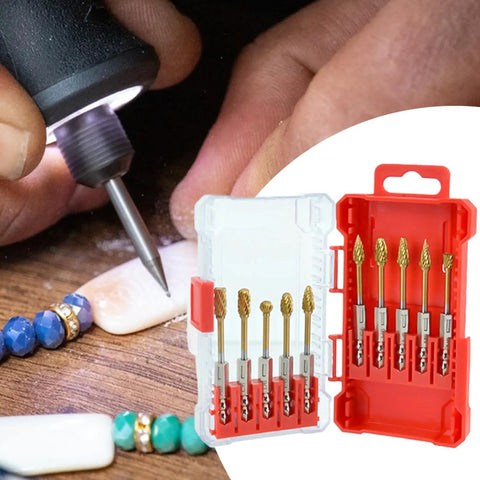 Top Shelf Tungsten Carbide Rotary Burrs With Kickin Cutting Speed And Quarter Inch Hex Shank for precision metal and wood carving, shown in use.