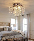 Small Crystal Chandelier Flush Mount Ceiling Light Three Light Modern Sleek Chrome Iron Raindrop Fixture for Bedroom