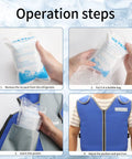 Operation steps for Cooling Vest For Men And Women With 24 Ice Packs, showing ice packs insertion and vest adjustment.