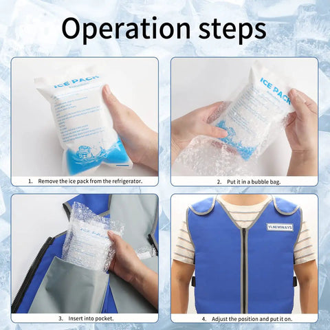 Operation steps for Cooling Vest For Men And Women With 24 Ice Packs, showing ice packs insertion and vest adjustment.