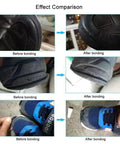 Before and after bonding shoes comparison using Heavy Duty Waterproof Shoe Sole Repair Adhesive For Sneakers Boots Leather Handbags And Heels With Easy Precision Tip For Mess Free Application And Professional Cobbler Grade Fixes.