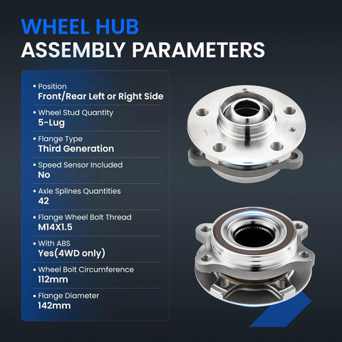 Front and Rear Wheel Bearing and Hub Assembly for Audi A4 A4 Quattro A5 A5 Quattro A6 A6 Quattro A7 A8 Allroad Q5 RS5 RS7 S4 S5 S6 S7 S8 SQ5 5 Lug 1 Piece Replacement, with ABS specifications