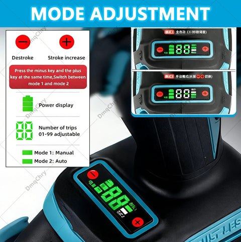 Mode adjustment display on 2 In 1 Cordless Rivet And Nut Gun Kit With M3 M12 Nut Heads Auto And Manual Riveting 2X 2.2Ah Batteries