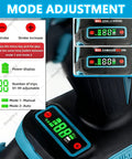 Cordless Brushless Rivet Gun And Nut Tool Kit mode adjustment display, showing manual and auto modes with digital settings.