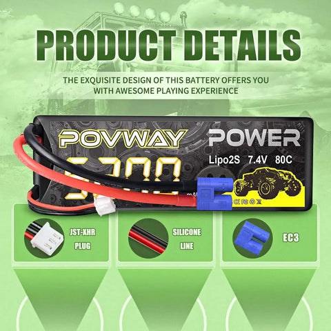 2 Pack 7.4V 5200mAh 80C LiPo Battery With EC3 Plug Hard Case For 1/8 And 1/10 Scale RC Cars Trucks Buggies Truggies Drones Airplanes UAVs