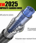 Relxitl garden hose 50ft cross-section view: blue translucent nozzle, ABS plastic body, PE support pipe, braided polyester.