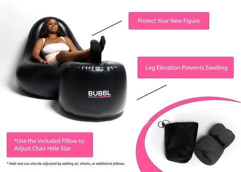 Post Op Recovery Care Bundle For BBL Procedures With Inflatable Chair Lipo Foams Sleeping Pillow Portable Urinal And Electric Air Pump Included For Comfort And Speedy Recovery At Home Or Hospital; woman on inflatable chair, footrest, pillows.