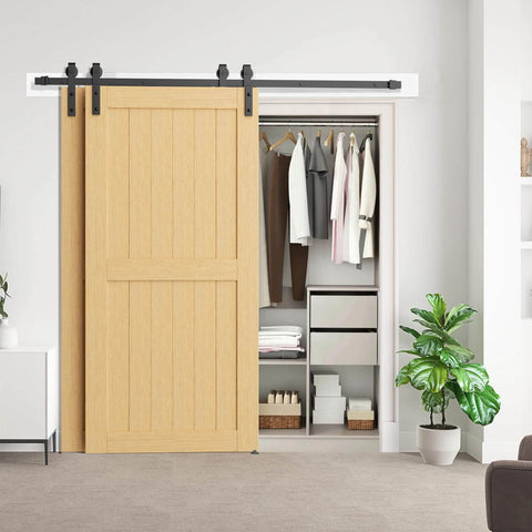 Installed 12 Foot Bypass Sliding Barn Door Hardware Kit With Single Track For Double Doors, Heavy Duty Steel Rails And Pulleys