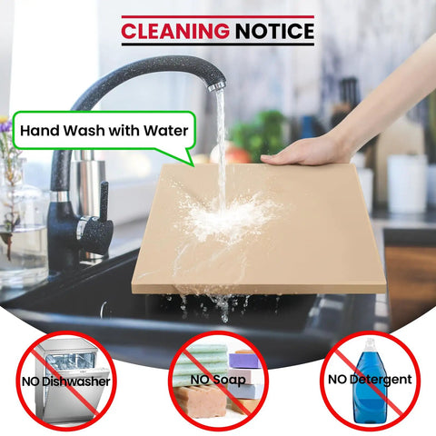 Person hand washing 13x13 Inch Cordierite Pizza Stone For Ooni 12 Ovens, showing cleaning instructions over sink