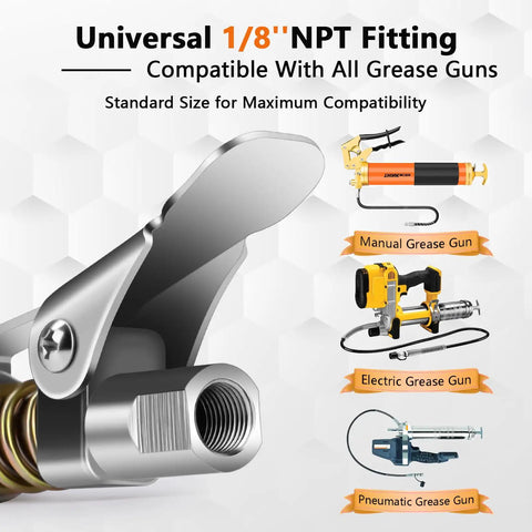 Ultra Slim 0.53 Inch Grease Gun Coupler Set, 2 Piece Quick Release Tips, 1/8 NPT Fittings, shown compatible with manual, electric, and pneumatic grease guns.
