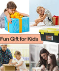 Kids opening gifts, yellow tool box included, showcasing fun gift for kids. Displays joy and family bonding moments.