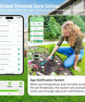 Woman using Three In One Soil Moisture Temperature And Fertility Meter For Plants And Gardens With Digital Sensor And Tuya Smart Life App Push Notifications on garden