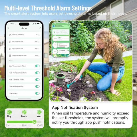 Woman using Three In One Soil Moisture Temperature And Fertility Meter For Plants And Gardens With Digital Sensor And Tuya Smart Life App Push Notifications on garden