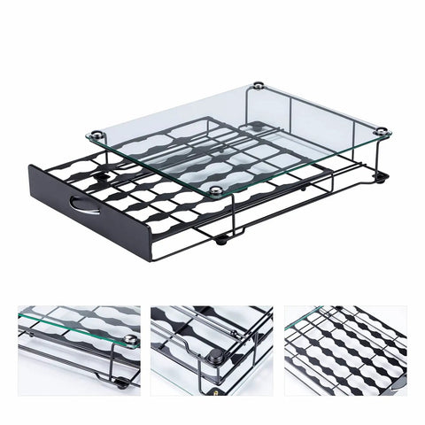 K Cup Holder Drawer With Crystal Tempered Glass Top, heavy duty metal coffee pod organizer for office, holds 42 K Cups