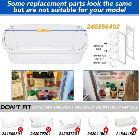 Diagram showing refrigerator door bin with dimensions, installation instructions, and incompatible models for replacement part.
