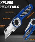Folding Utility Knife Pocket Knife Heavy Duty Box Cutter With Aluminum Body Quick Change Blades Anti Slip Finger Loop Durable Razor Knife For Home Office And Warehouse Tackle Tough Jobs With Ease, blue aluminum body with finger ring and belt clip