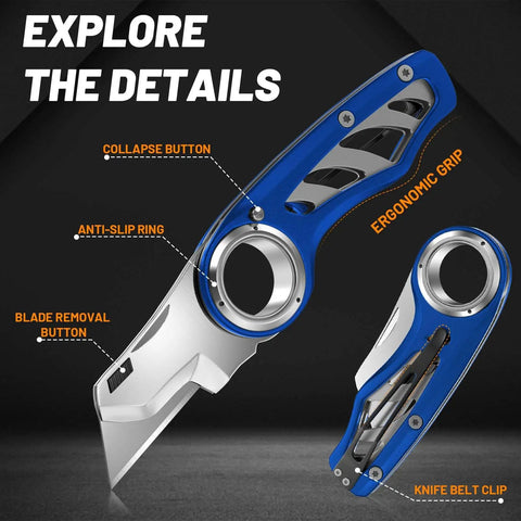 Folding Utility Knife Pocket Knife Heavy Duty Box Cutter With Aluminum Body Quick Change Blades Anti Slip Finger Loop Durable Razor Knife For Home Office And Warehouse Tackle Tough Jobs With Ease, blue aluminum body with finger ring and belt clip