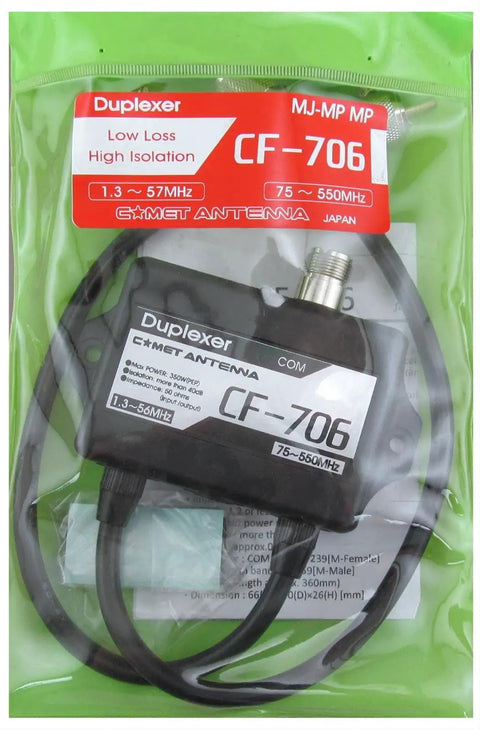 CF-706 Duplexer in packaging with cables, featuring low loss high isolation; frequency 1.3-57 MHz and 75-550 MHz details shown