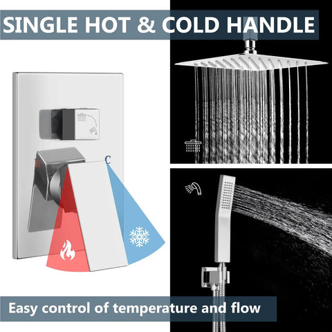 Ceiling Mount Shower System With Rain Head And Handheld Spray High Pressure Chrome Faucet Set, single handle controls.